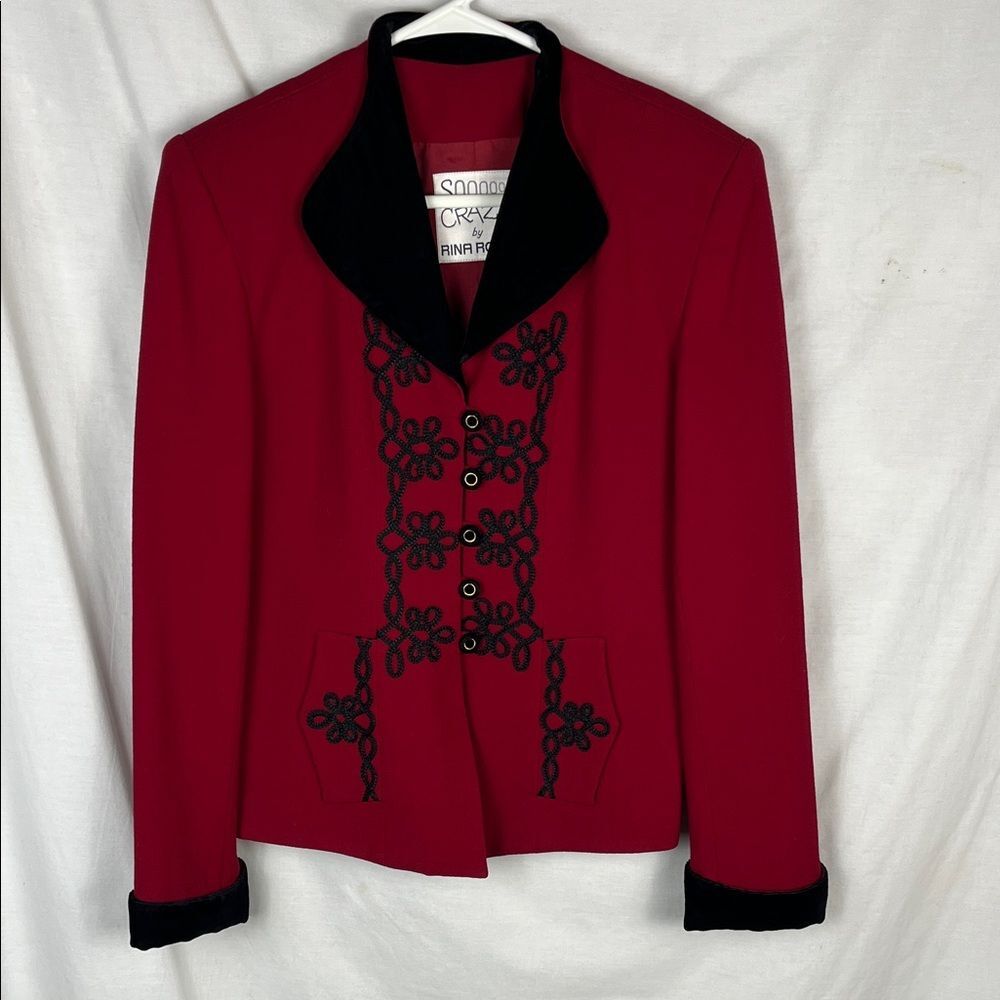 Vintage SOOO CRAZY Rina Ross Wool Red Button Up Brazer with Black Embellishments